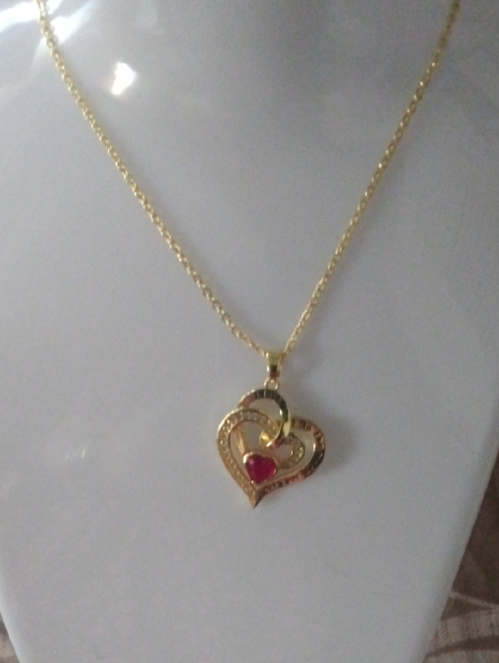Gold Heart Pendant Necklace with Red Accent - Women's Jewelry